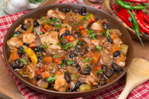 chili with black beans and chicken, top view, close-up